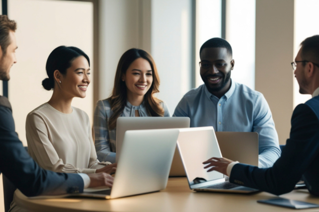 Employees collaborating around ERP dashboards while preparing for organisational change