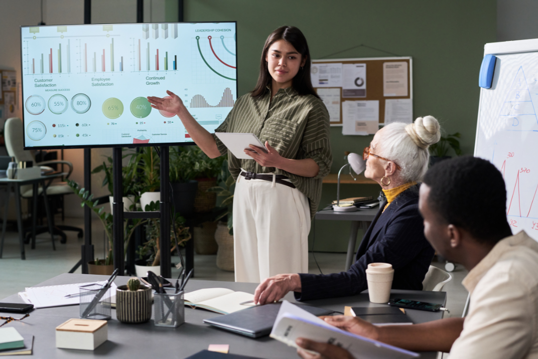 Team reviewing an ERP dashboard on a large screen, discussing data insights for business decisions