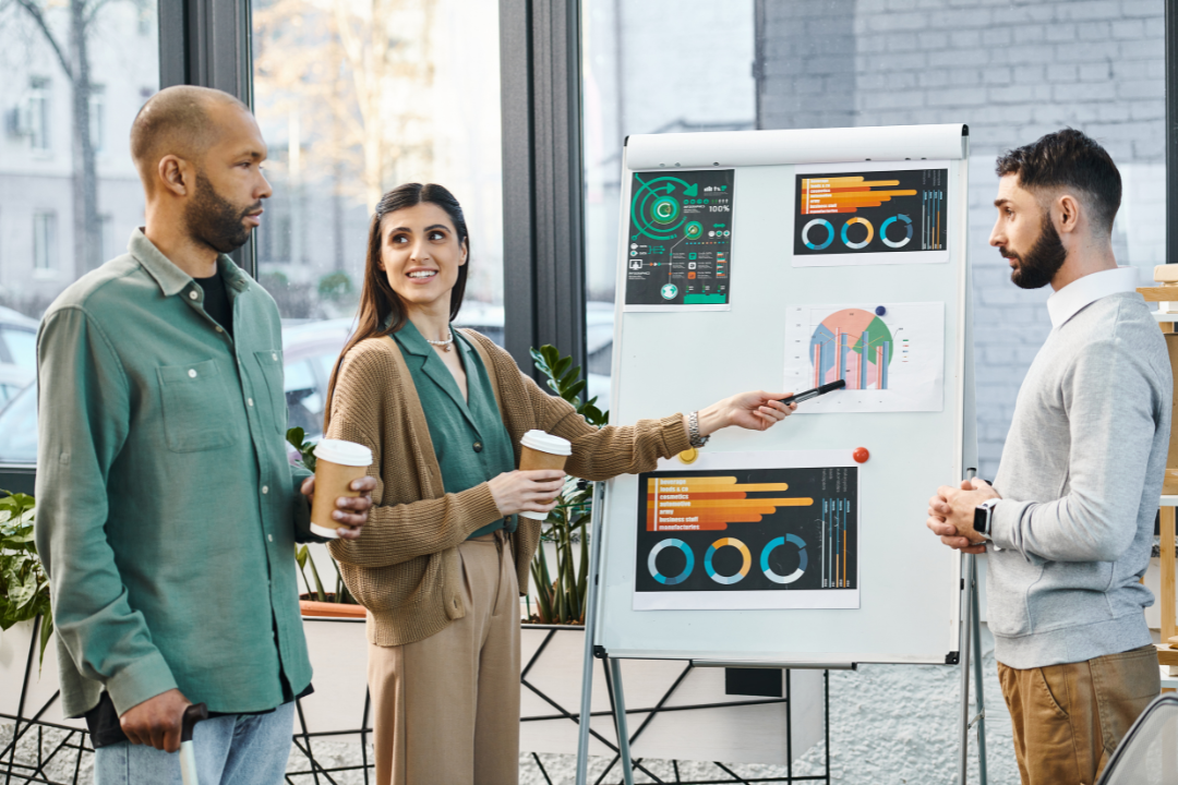 Business professionals reviewing ERP workflow processes and digital transformation strategies on a modern office dashboard.